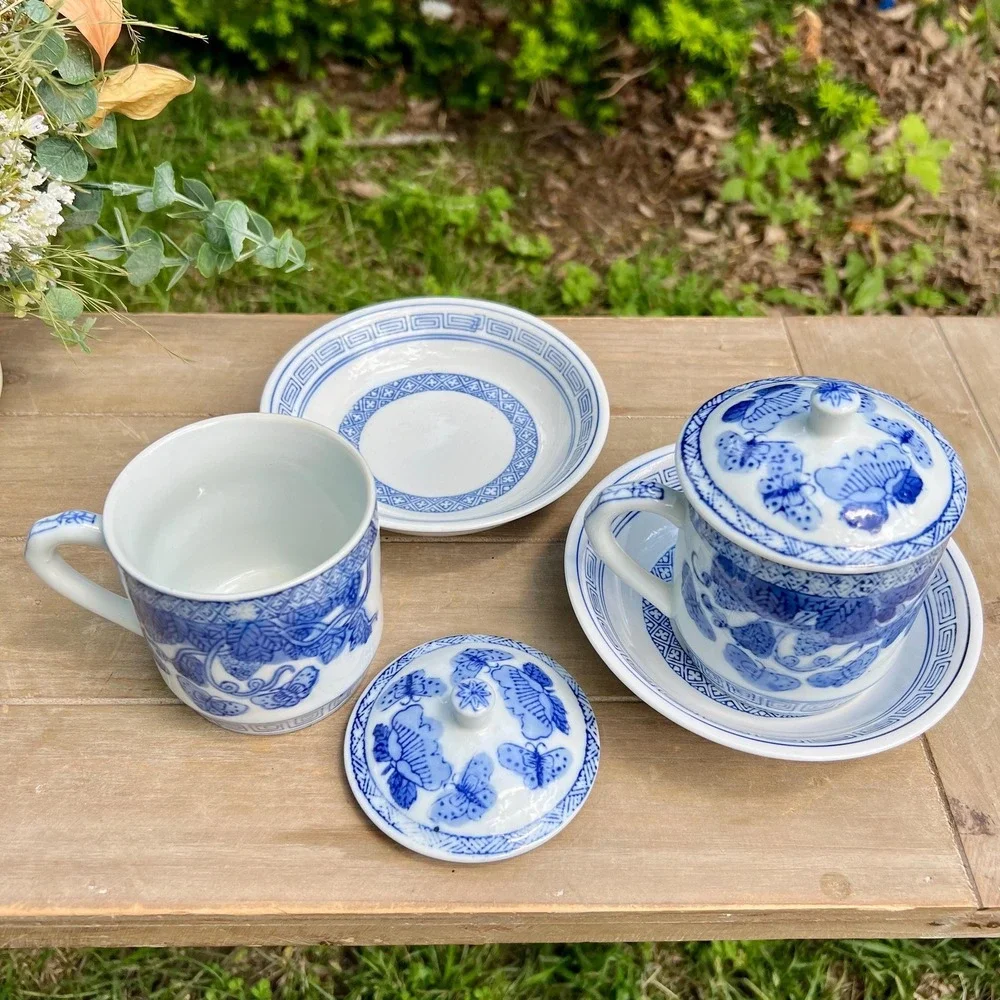 Vintage Oriental Blue & White Cup and Saucers w/ Lids | Set of 2